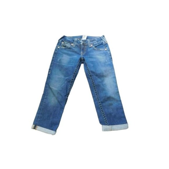 True Religion Size 28 STRETCH Crop Distressed Denim Jeans - Picture 1 of 3